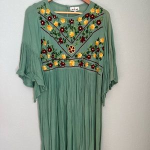 A & A Green Swing Dress with Crotchet Floral Details